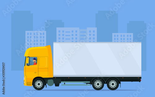 Сargo truck against the background of an abstract cityscape. Vector flat style illustration.