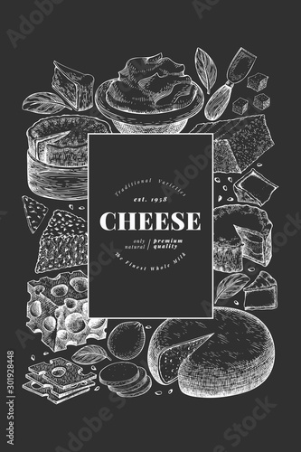 Cheese design template. Hand drawn vector dairy illustration on chalk board. Engraved style different cheese kinds banner. Vintage food background.