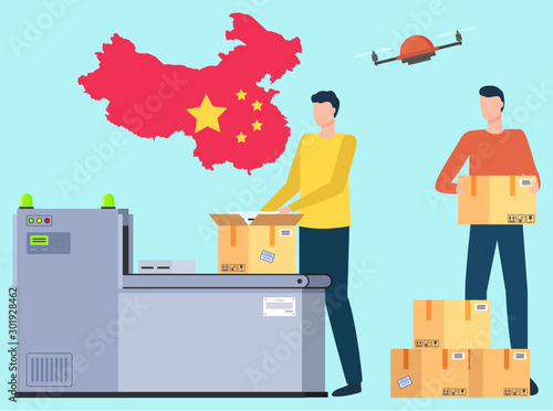 Man unloading or loading parcels for international shipping. Worldwide transportation and delivery cargo. Import and export of products. Flag of China on background. Drone delivery. Vector flat style