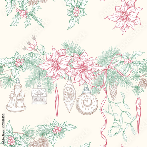 Christmas wreath of spruce  pine  poinsettia  dog rose  cowberry  cranberry  mistletoe  fir with vintage decorations. Seamless pattern. Graphic drawing engraving style. Vector illustration