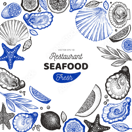 Oysters and spices design template. Hand drawn vector illustration. Seafood banner. Can be used for design menu, packaging, recipes, label, fish market, seafood products.