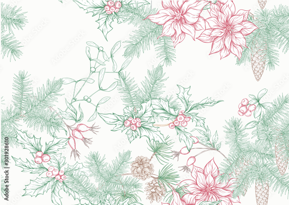 Obraz premium Christmas wreath of spruce, pine, poinsettia, dog rose, mistletoe, fir. Seamless pattern, background. Graphic drawing engraving style vector illustration