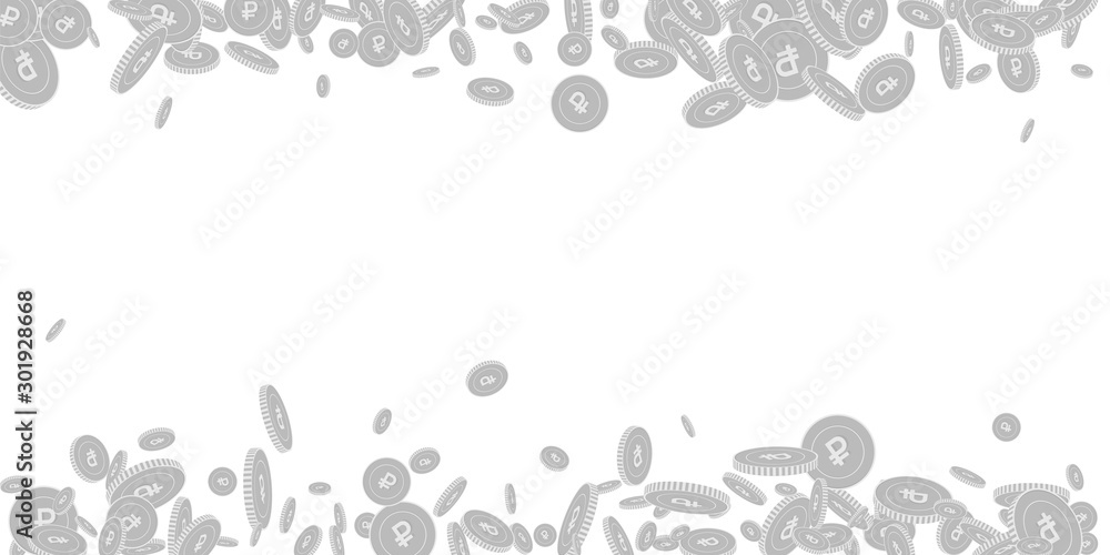 Russian ruble coins falling. Scattered black and w Russian ruble coins falling. Scattered black and w