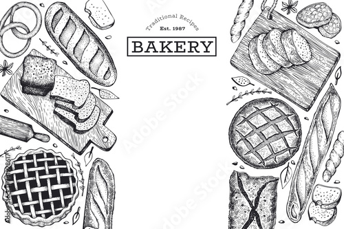 Bread and pastry banner. Vector bakery hand drawn illustration. Vintage design template.