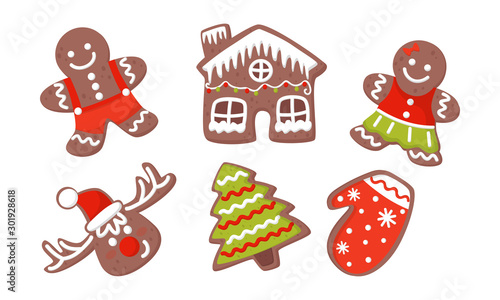 Set Of Christmas Decorated Gingerbread Cookies Vector Illustration