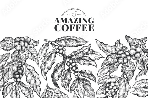 Coffee vector design template. Vintage coffee background. Hand drawn engraved style illustration.