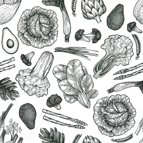 Green vegetables seamless pattern. Hand drawn vector food illustration. Engraved style vegetable frame. Retro botanical banner.