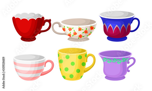 Set Of Bright Colorful Tea Cups With Different Patterns Vector Illustration