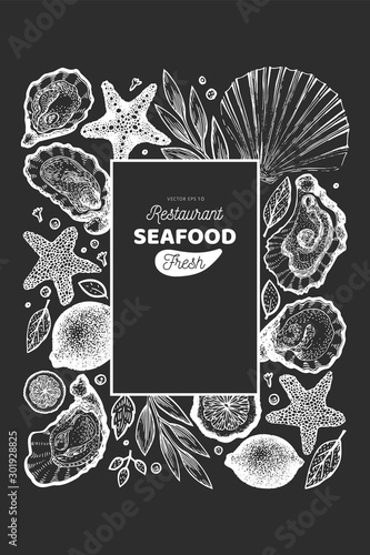 Oysters and spices design template. Hand drawn vector illustration on chalk board. Seafood banner. Can be used for design menu, packaging, recipes, label, fish market, seafood products.