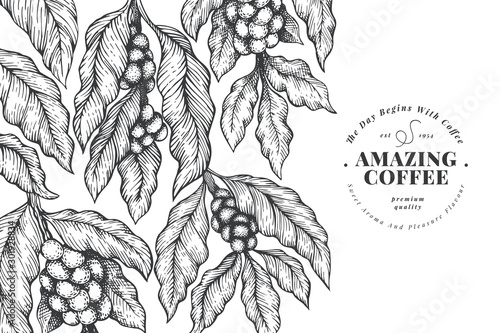 Coffee vector design template. Vintage coffee background. Hand drawn engraved style illustration.