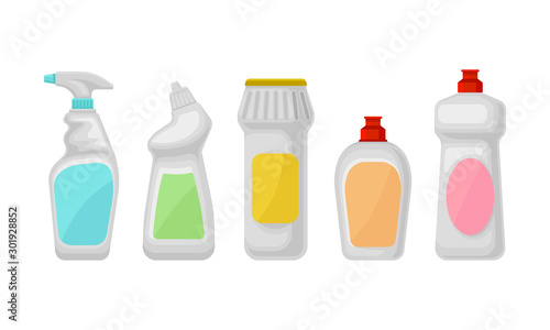 Plastic Bottles For Household Chemistry In A Row Vector Illustration Set