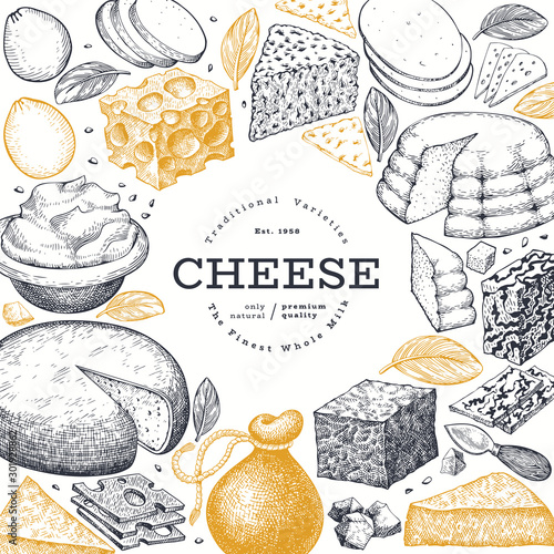 Cheese design template. Hand drawn vector dairy illustration. Engraved style different cheese kinds banner. Vintage food background.