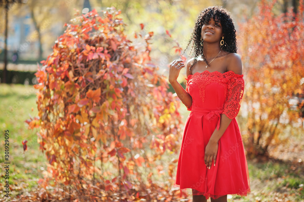 Stylish trendy afro france curly woman posed at autumn day in red dress. Black african female model. Stylish trendy afro france curly woman posed at autumn day in red dress. Black african female model.