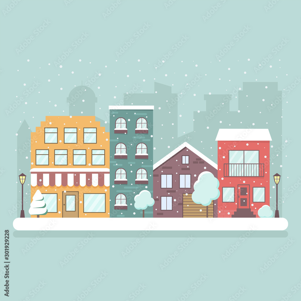 Сity in winter. Snowfall in the city. Winter card. Vector illustration. Flat