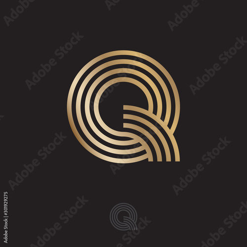 Q letter. Q linear logo consist of parallel lines. Q golden monogram, isolated on a dark background. Monochrome option.