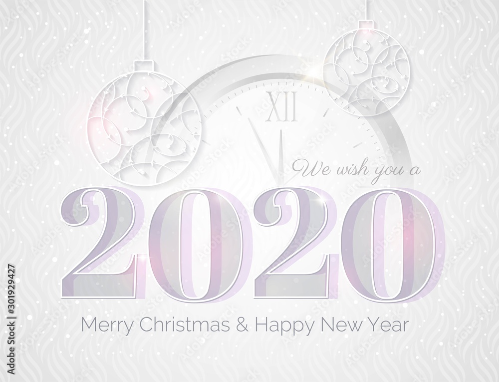 2020 Happy new year greeting card with numbers 2020, clock and Christmas baubles. Elegant Christmas silver background.  Vector illustration.
