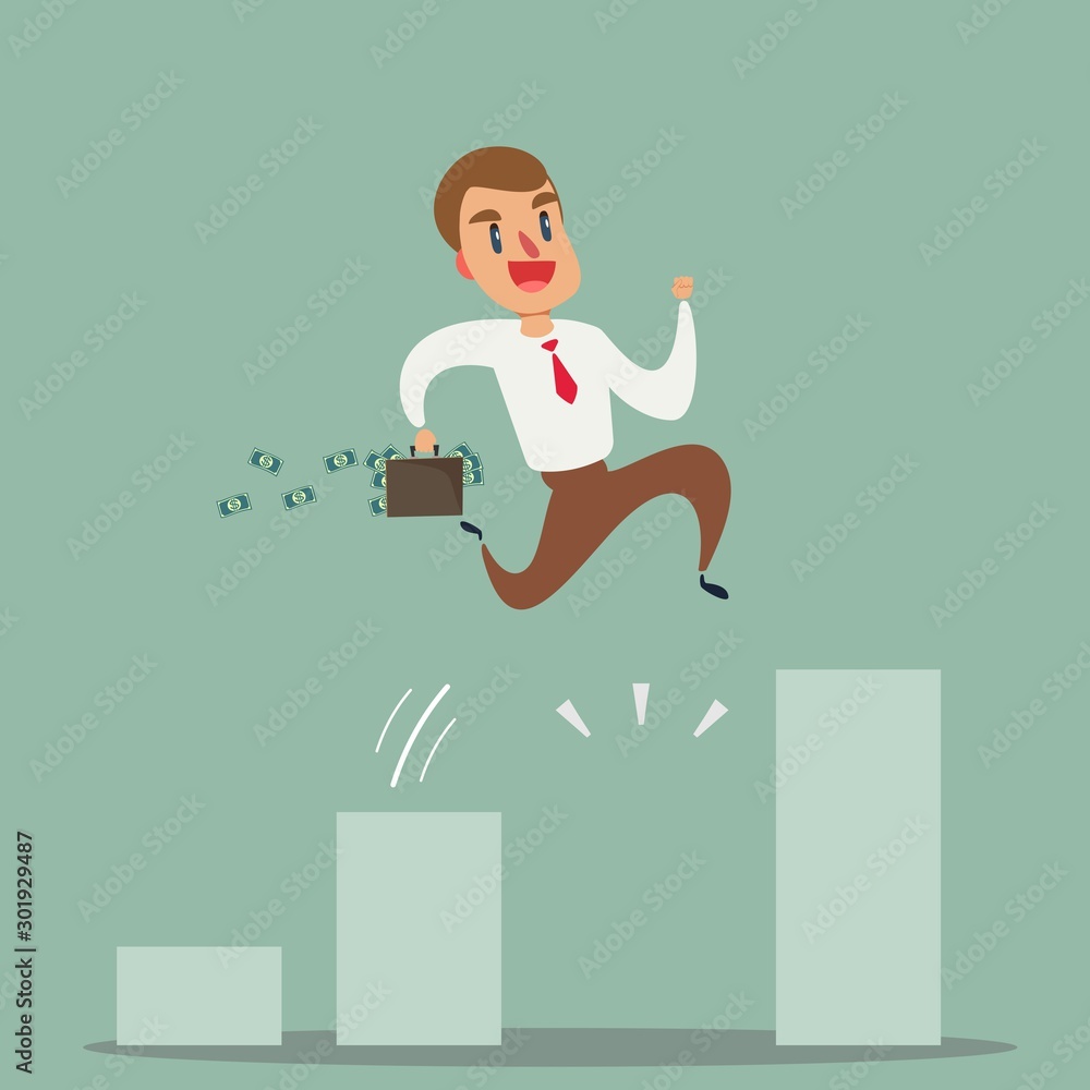 Obraz premium Business growth concept. Businessman jump over growing chart. Stock flat vector illustration.