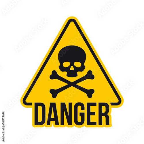 Vector yellow hazard warning symbol of death with text danger. Isolated on white background.