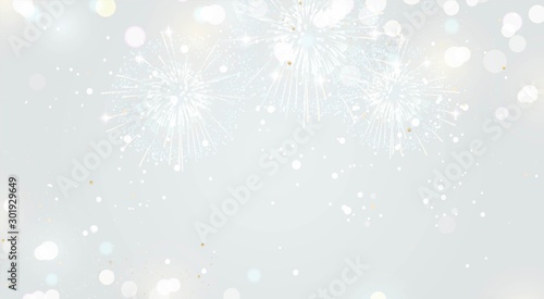 Festive background with fireworks and lights in silver colors. Vector illustration