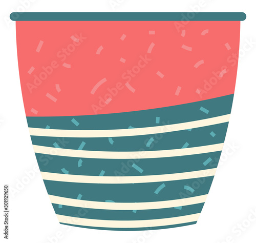 Striped vase isolated on white. Crockery decorative jar with waves ornament, color pot in flat style design, ceramic flowerpot. Handmade items from clay. Vase for flowers. Vector illustration