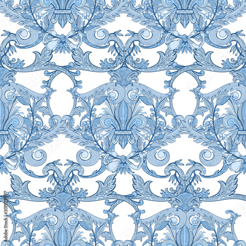 Seamless pattern baroque blue color.Vintage floral victorian ornamental.