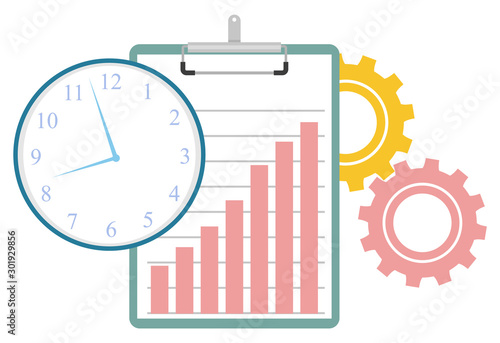 Cogwheels gears and tools for work optimization, isolated clipboard with growing chart. Time management clock with hands and hours. Vector illustration in flat cartoon style