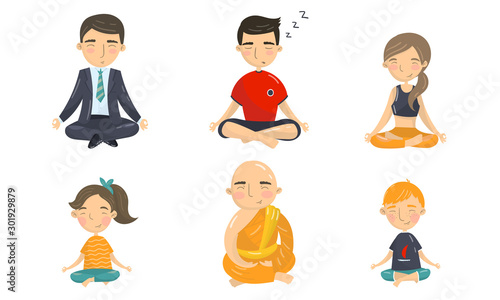 People Characters Sitting in Yoga Pose and Doing Meditation Vector Set