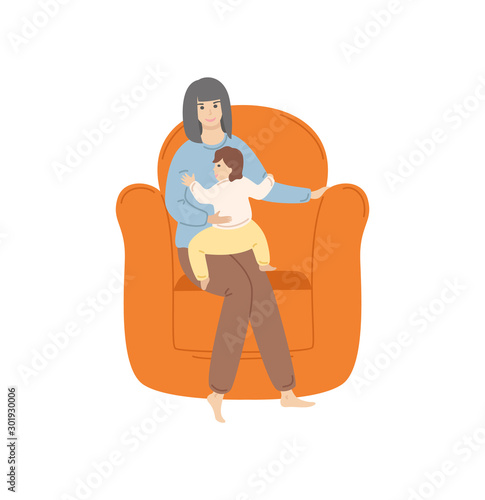 Woman with child, mother and kid toddler spending evening together, lady with kiddo sitting on comfortable and fluffy armchair family isolated. Vector illustration in flat cartoon style