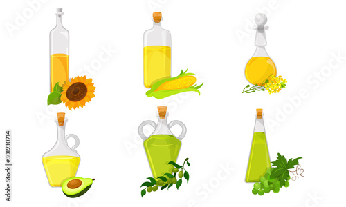 Glass Bottles With Different Edible Oil Vector Set