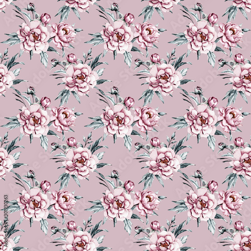 Seamless background, floral texture with watercolor flowers dusty pink peonies and grey leaves. Repeat fabric wallpaper print pattern. Perfectly for wrapped paper, backdrop, frame or border. 