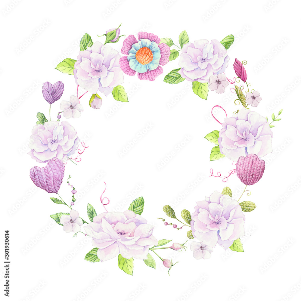 Cartoon wreath of knitted elements and accessories and spring flowers. Hand drawing.  illustration