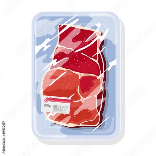 Frozen raw beef steak is on plastic tray under transparent food saran wrap. Meat product for barbeque, frying, roasting, grilling, boiling, baking. Vector cartoon illustration isolated on white.