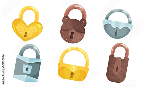 Ancient Hanging Locks Vector Set. Flat Antique Padlocks Collection