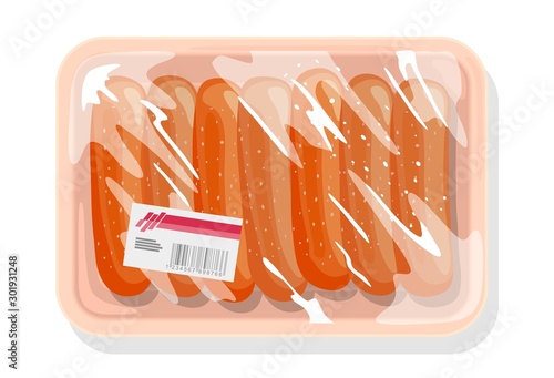 Frozen sausages, wieners are on plastic tray covered with kitchen film, clingfilm with label. Farm product from ground meat of pork, beef, chicken. Vector cartoon illustration isolated on white.