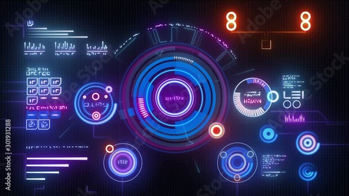 Alien spaceship Screen. Universal HUD, UI Graphic Elements. Sci Futuristic User interface. Digital Data Flow Calculations. IT Technology on Virtual Screen.