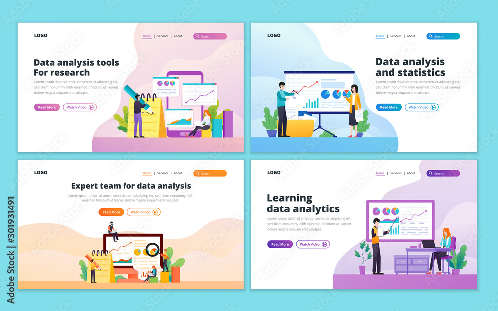 Landing page template of data analysis. Big data research, data analytics concept for website and mobile website development