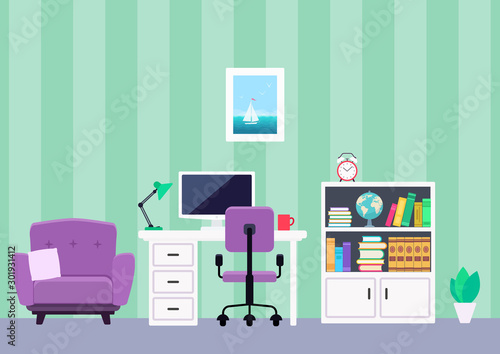 Office workplace room interior in flat style