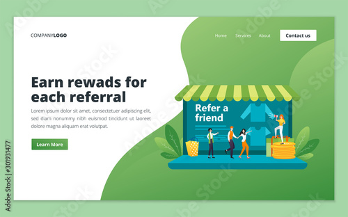 Referral marketing web page design template. Affiliate marketing, network marketing, business partnership and refer a friend concept for website and mobile website development