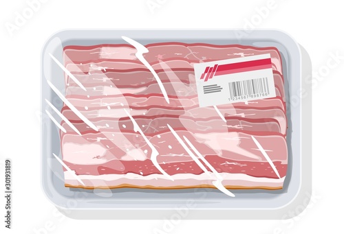 Smoked bacon, ham is on plastic tray covered stretch food wrapper, clingfilm with label. Vacuum-packages gammon, gigot, silverside. Meat snack. Vector cartoon mockup isolated on white background.