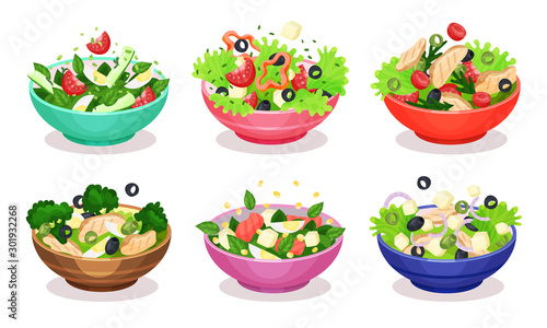 Vegetable Salads Vector Set Appetizing Dishes From Fresh Products