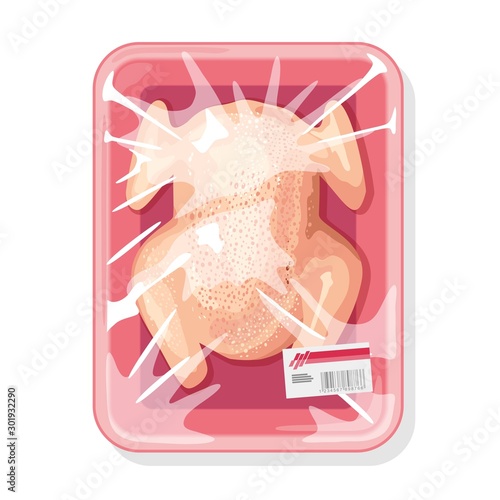 Whole chicken on disposable pink tray wrapped up transparent clingfilm, kitchen film. Poultry is under saran food wrap with label. Vector cartoon illustration isolated on white background.