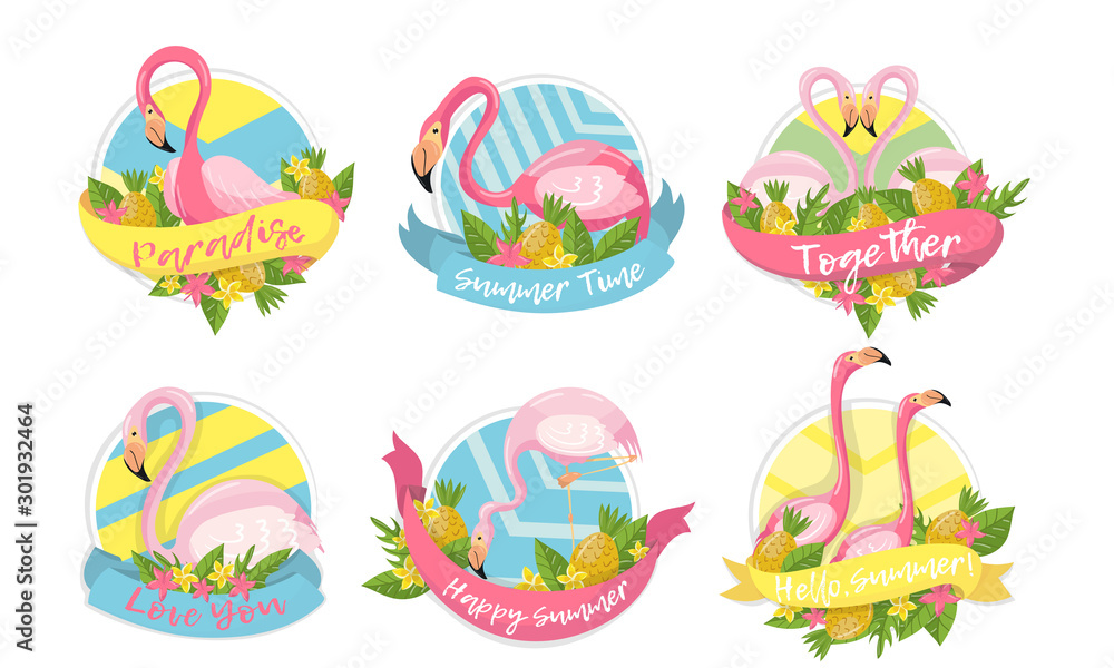 Flamingo and Tropical Flora Vector Compositions Set