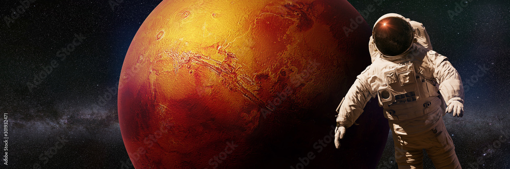 astronaut during a space walk in orbit of planet Mars  - obrazy, fototapety, plakaty 