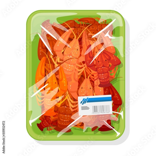Frozen boiled red crayfishes are on green plastic tray covered with polyethylene food wrap with label. Prepared lobsters or crawfishes under clingfilm. Vector cartoon mockup isolated on white.