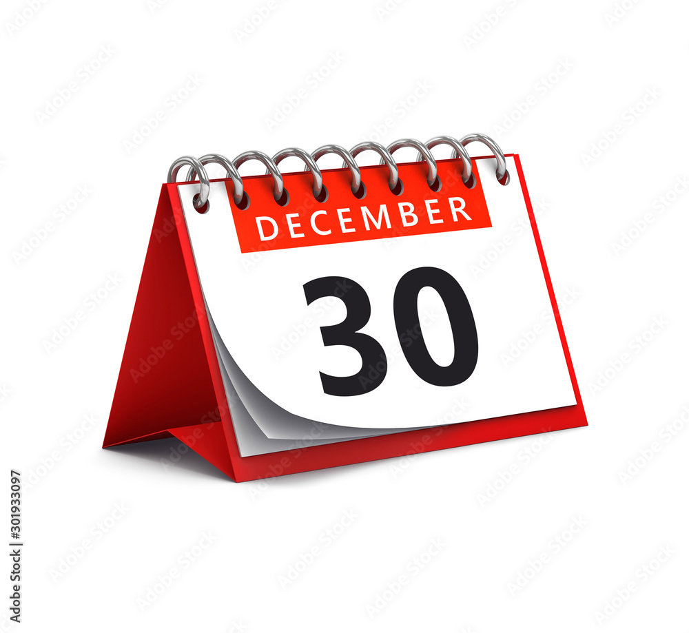 3D rendering of red desk paper december 30 date - calendar page 3D rendering of red desk paper december 30 date - calendar page