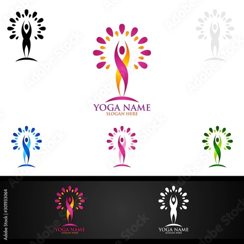 Yoga and Lotus flower logo with Health Spa Concept and Human silhouette