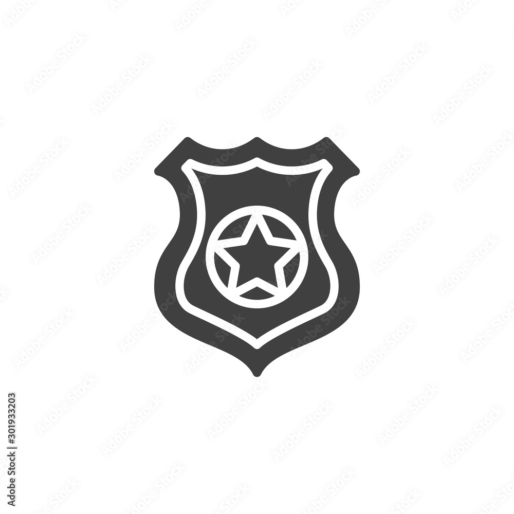 Police badge vector icon. filled flat sign for mobile concept and web design. Shield with star glyph icon. Symbol, logo illustration. Vector graphics