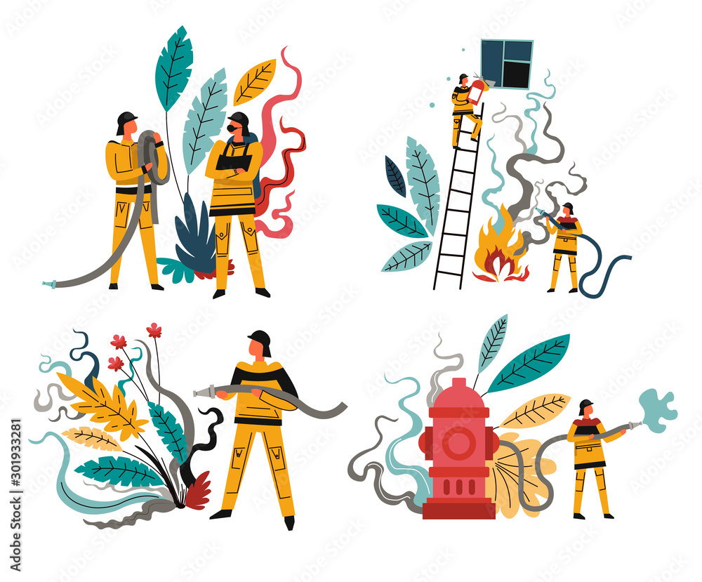 Fire rescue team, firefighters with hose and hydrant, isolated icons Fire rescue team, firefighters with hose and hydrant, isolated icons