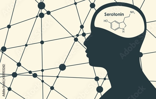 Chemical molecular formula hormone serotonin. Silhouette of a man head. Connected lines with dots background.