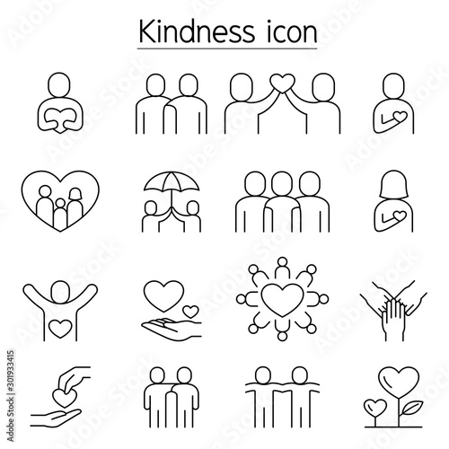 Kindness, Charity, Donation icons set in thin line style